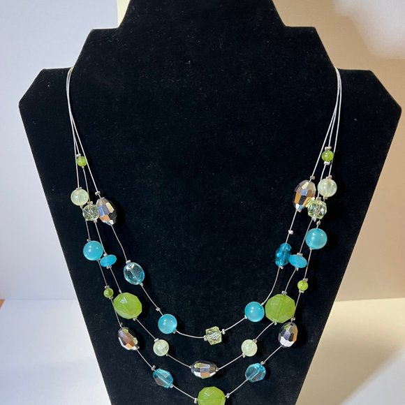 Blue & Green Beaded 3-Strand Necklace, 24" - Picture 1 of 2